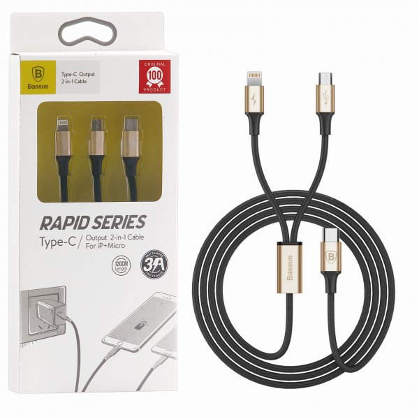 Baseus Type-C Rapid 2-in-1 Cable for Micro + Lightning + Type-C 3A 1.2m Gold + Black